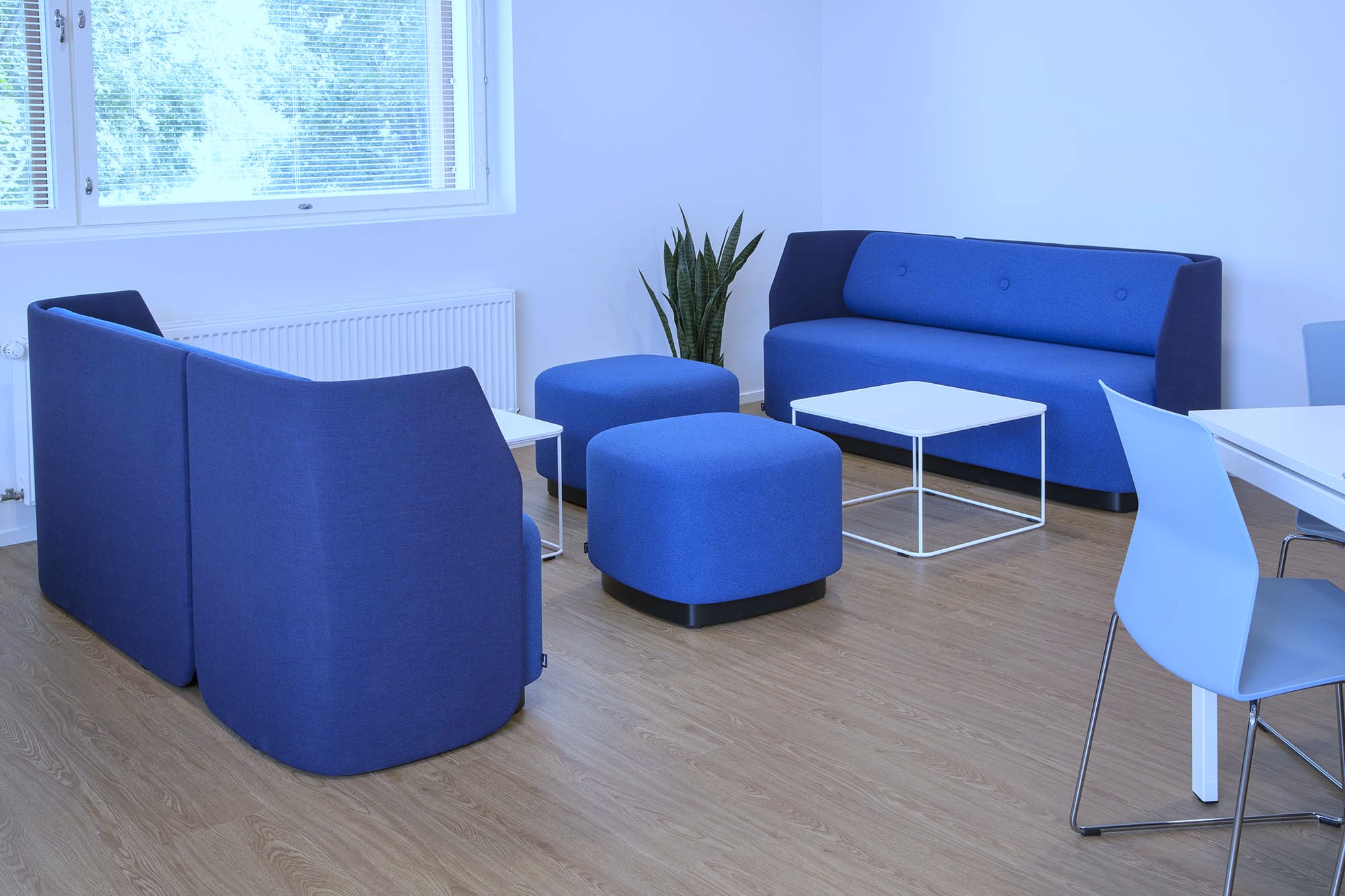 kaksi sohvaa vastakkain, välissä sohvapöytä ja rahit. takana ikkuna